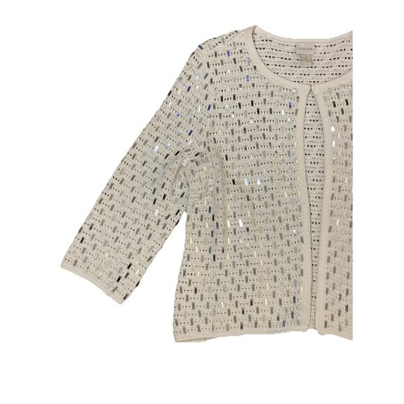 Chico's Sequin Cardigan White Silver Sequin Open 3/4 Sleeve Size 2 Large - Picture 3 of 6